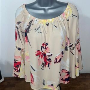 🦋Ariella Cream and Red Ruffled Bell Sleeve Blouse